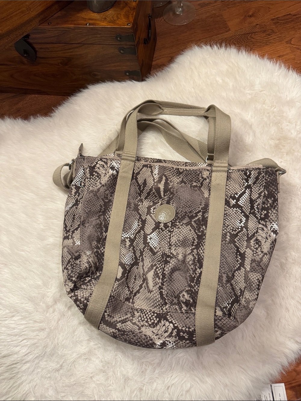 Kipling Snake-Print Canvas Tote in Taupe and Beige pre-owned